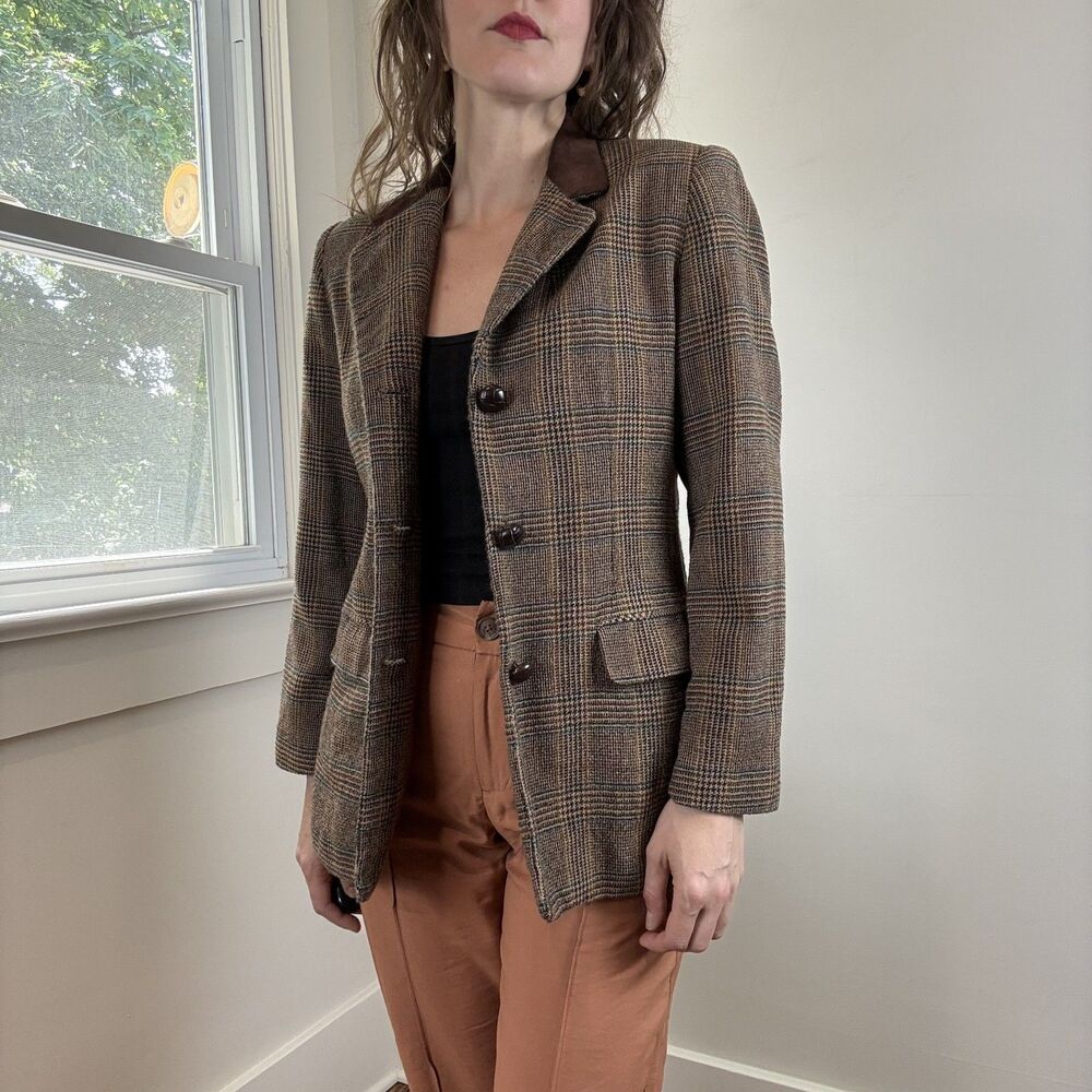 Vintage Talbots Wool Glen Plaid Blazer Jacket | Suede Collar Equestrian Heritage
